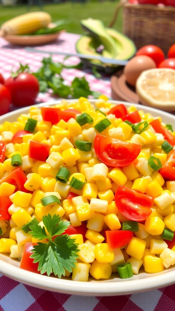 A colorful Kawaii corn salad with corn, bell peppers, tomatoes, and green onions, garnished with parsley, in a sunny picnic setting.